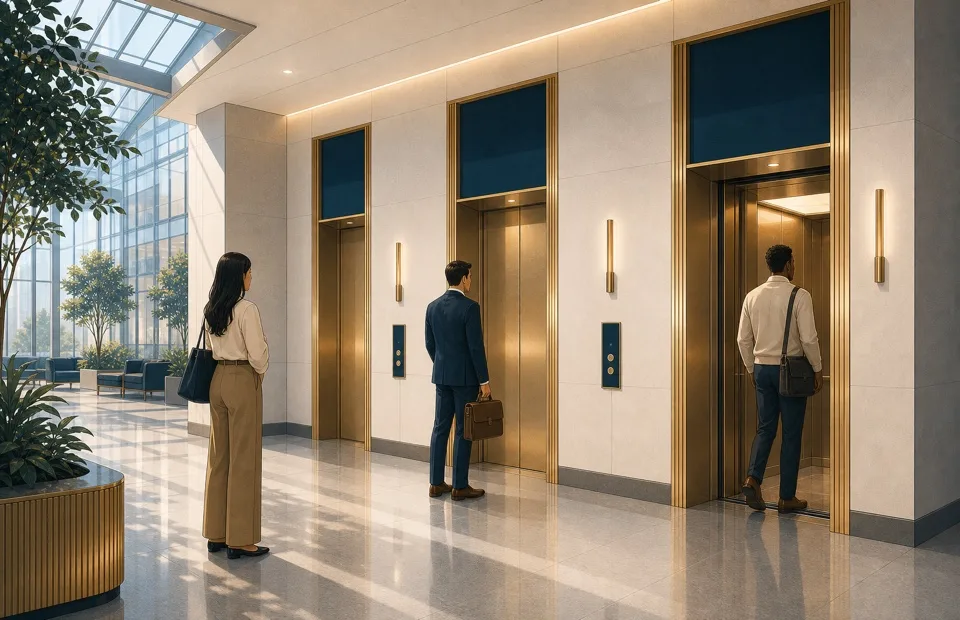Graphic illustration of a modern elevator lobby with exactly three elevator doors and diverse visitors