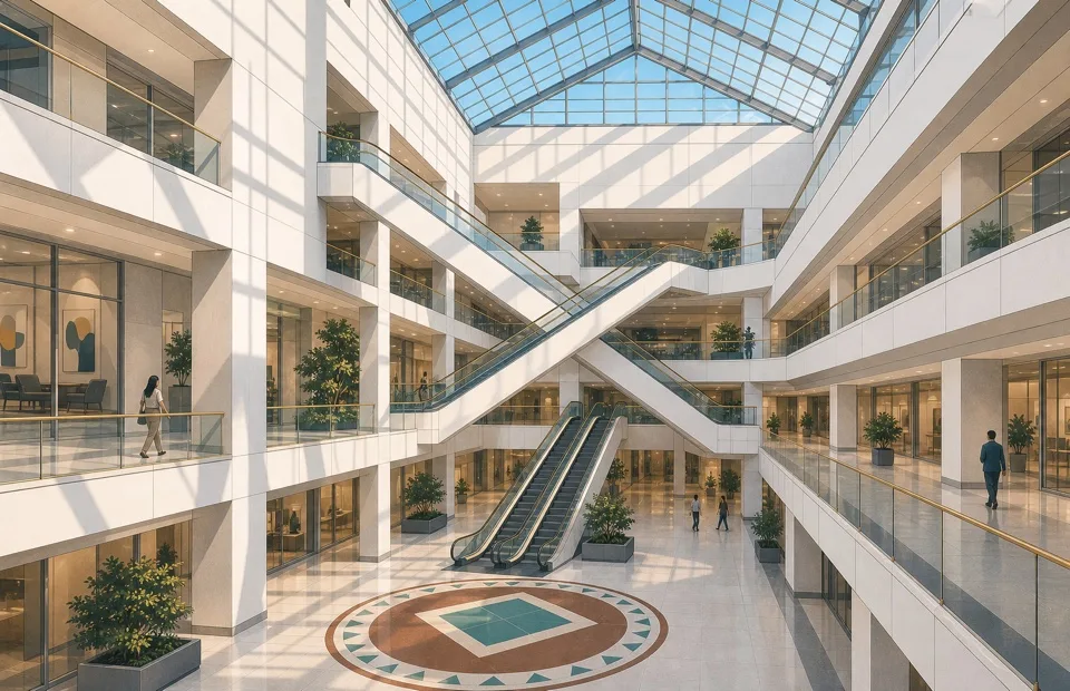 Graphic illustration of long escalators in a white multi-level atrium under a high glass roof