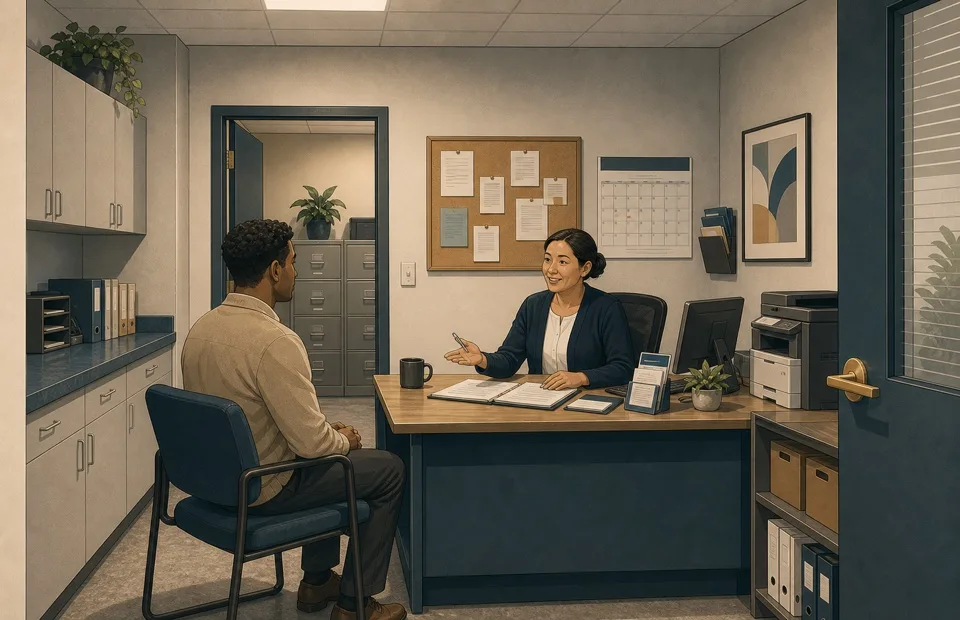Graphic illustration of a modest small management office with desks, files, and tenant paperwork