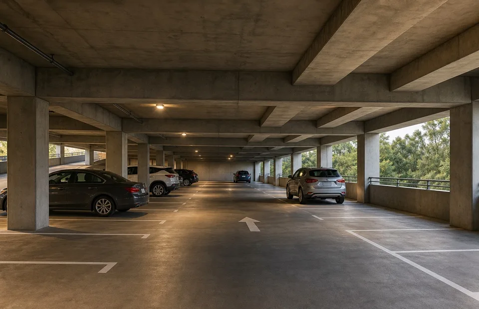 Open-air concrete parking structure with parked cars, columns, and no enclosing exterior walls or windows