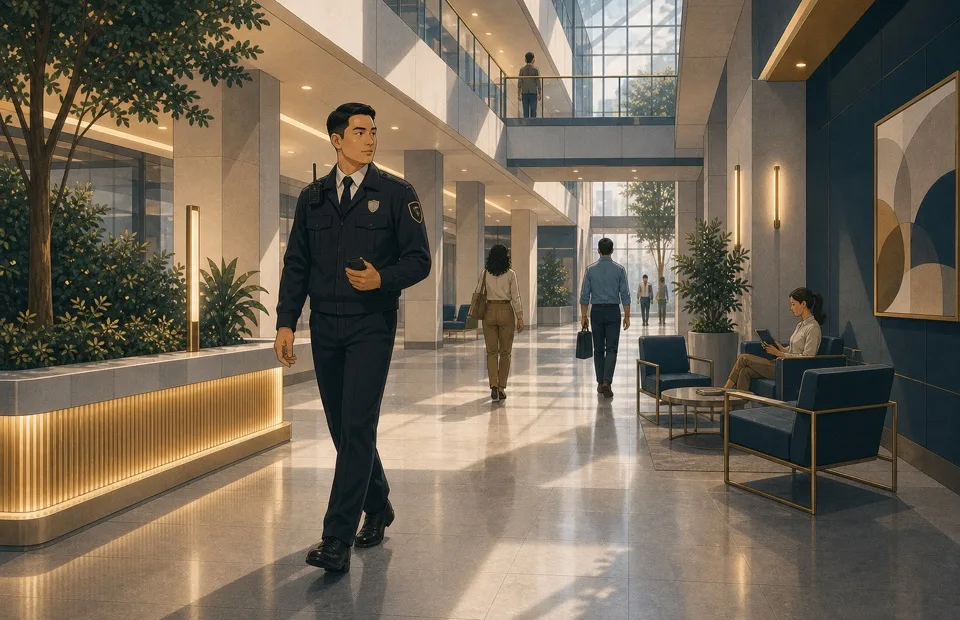 Graphic illustration of a male uniformed security guard patrolling an indoor commercial atrium corridor