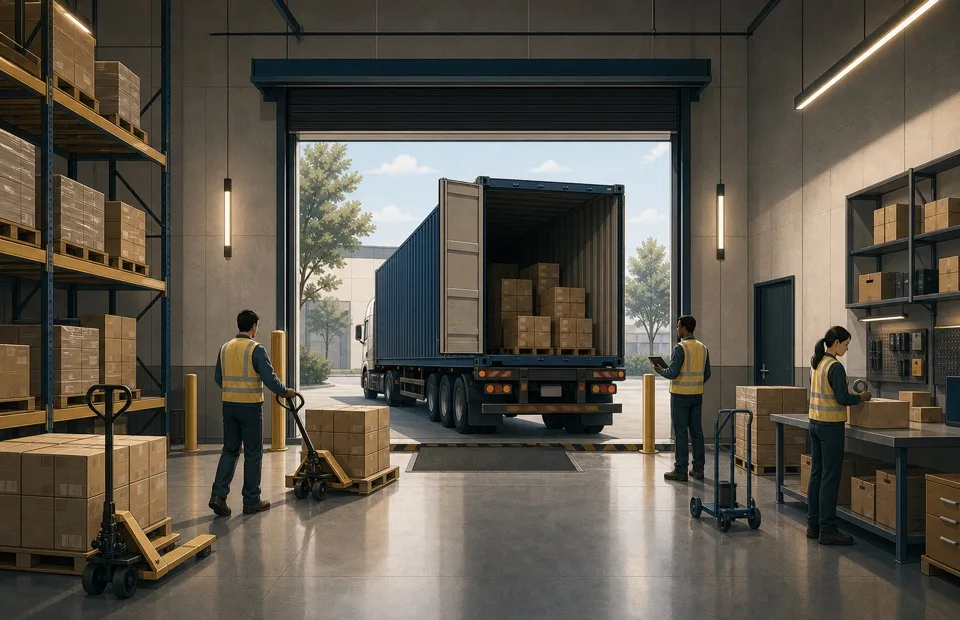 Graphic illustration from inside a cement-walled shipping warehouse looking toward a container truck backed into the loading door
