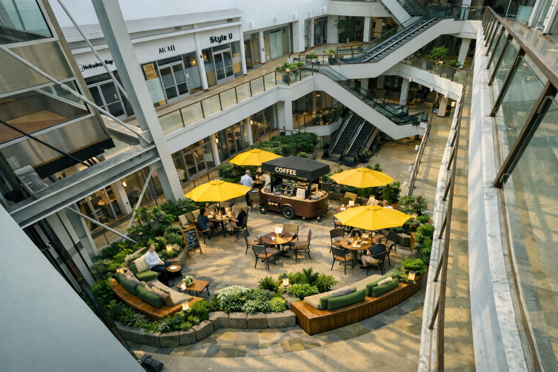 1458 Atrium urban living room concept with seating and greenery