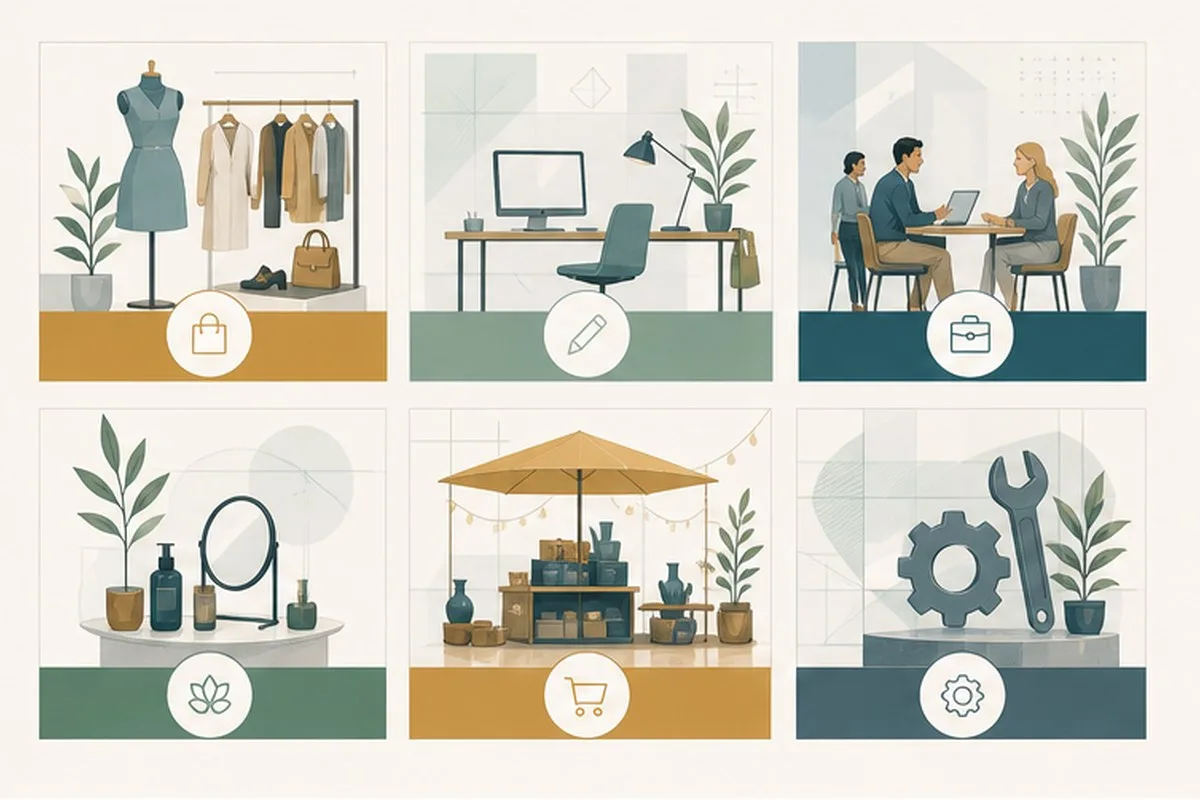 Modern graphic illustration of directory category tiles for shops, studios, services, and pop-ups