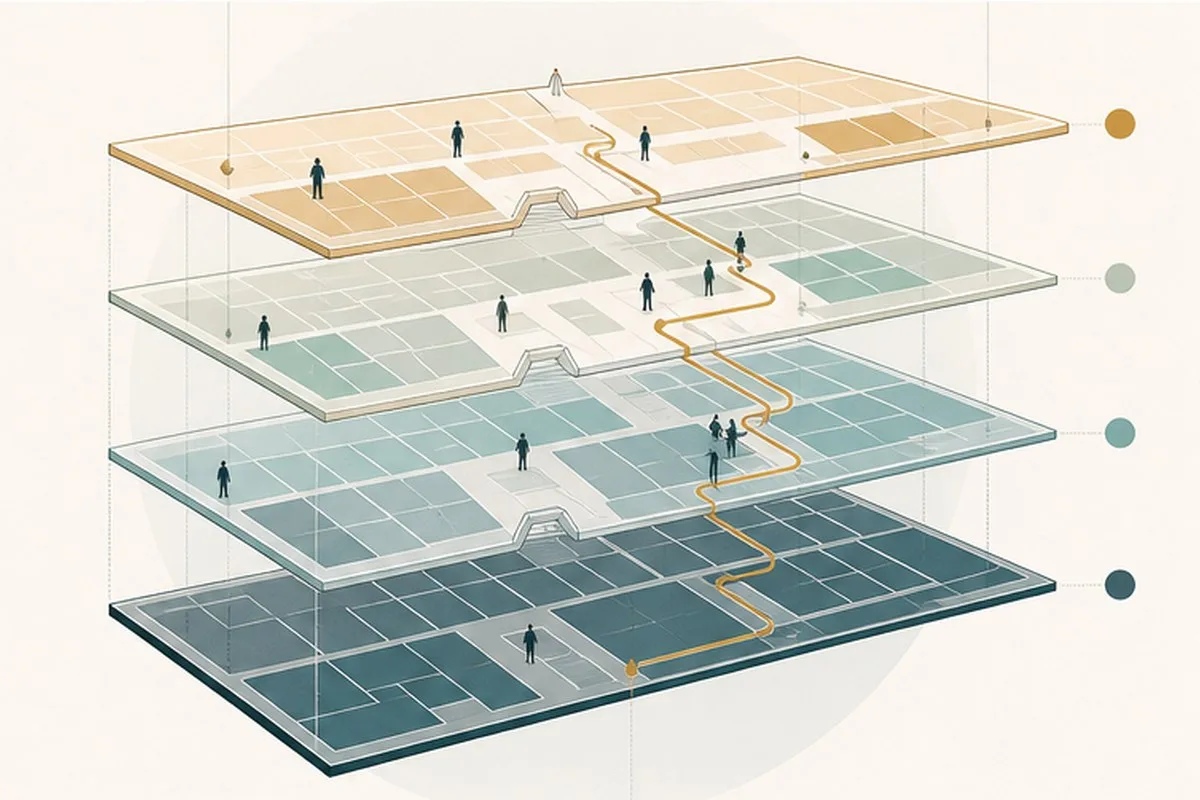 Modern graphic illustration of stacked floor plates and wayfinding routes