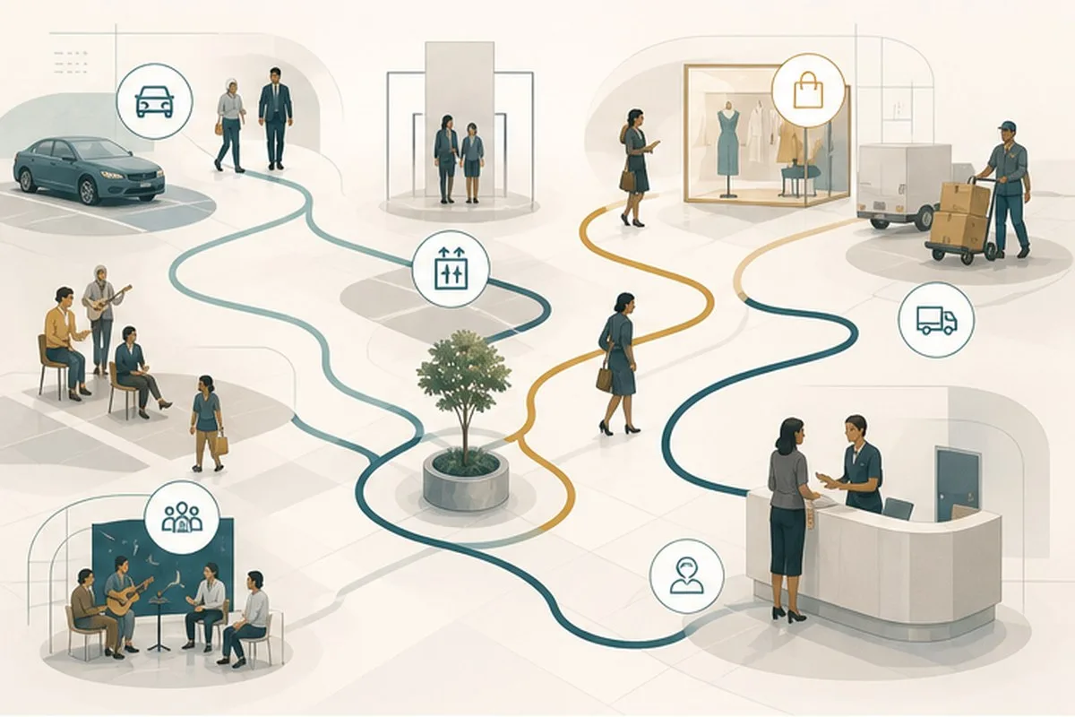 Modern graphic illustration of visitor routes through parking, elevators, showrooms, and tenant help