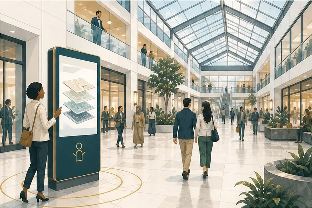 Modern graphic illustration of an atrium directory kiosk and visitor wayfinding