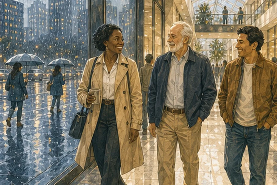 Diverse character concept illustration of a rainy day outside while multiethnic visitors walk inside the atrium