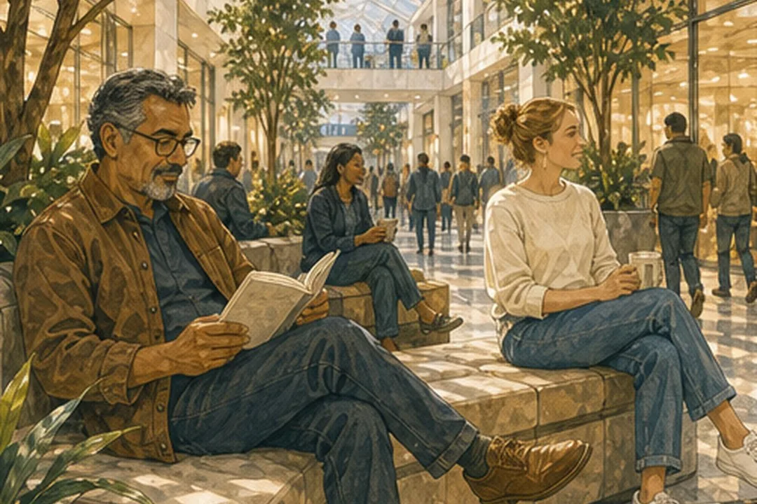 Diverse character concept illustration of seating pockets with planters and atrium light