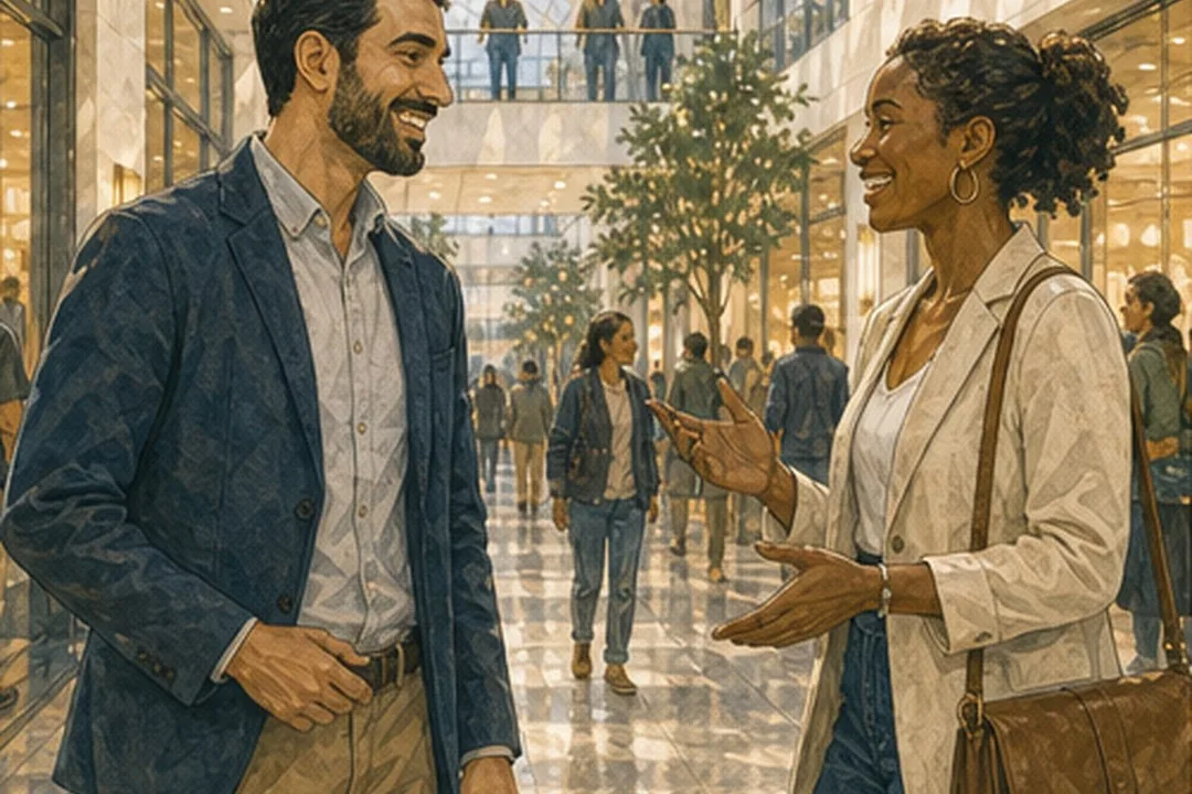 Diverse character concept illustration of two visitors from different backgrounds greeting each other inside the atrium