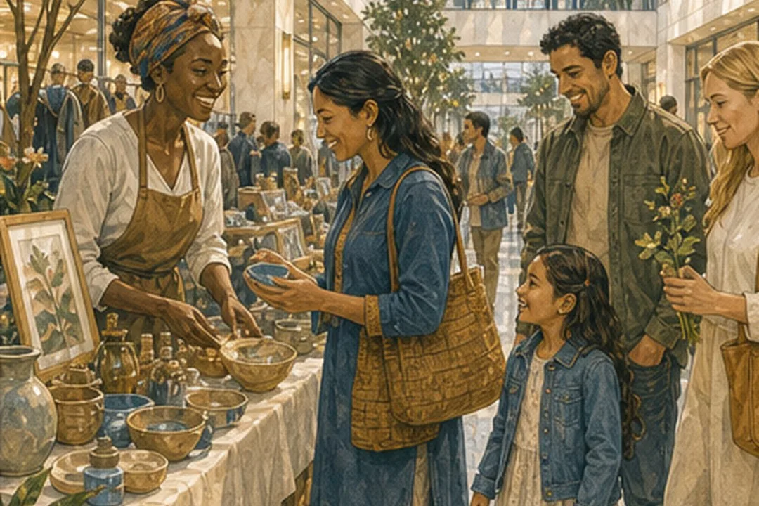 Diverse character concept illustration of indoor market day tables with multiethnic visitors under atrium light