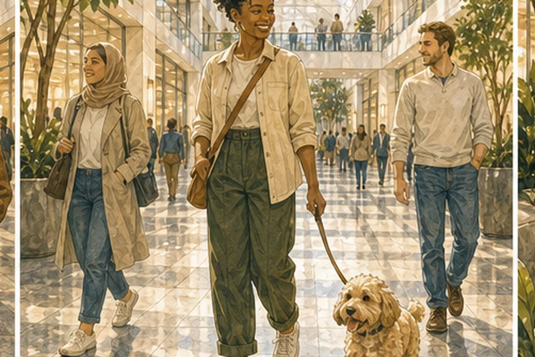 Diverse character concept illustration of a visitor walking a leashed dog with multiethnic visitors inside the atrium
