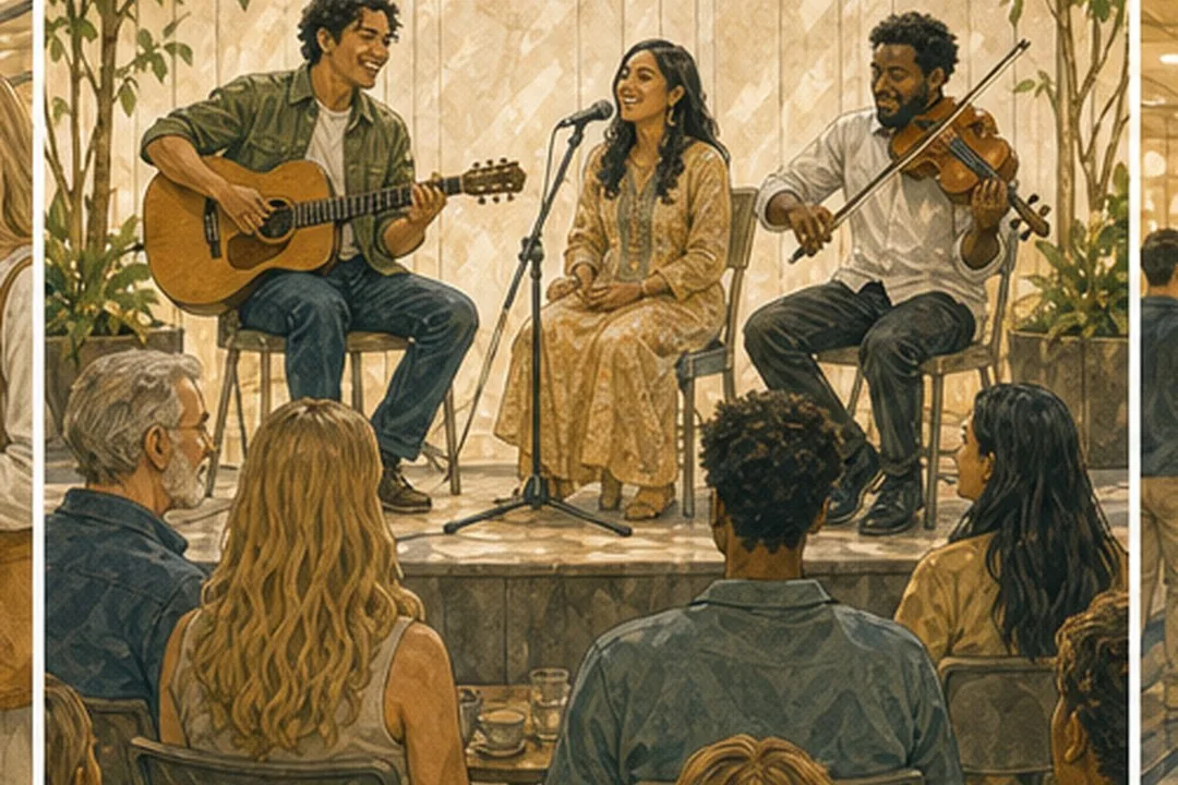 Diverse character concept illustration of a small cultural stage with multiethnic performers inside the atrium